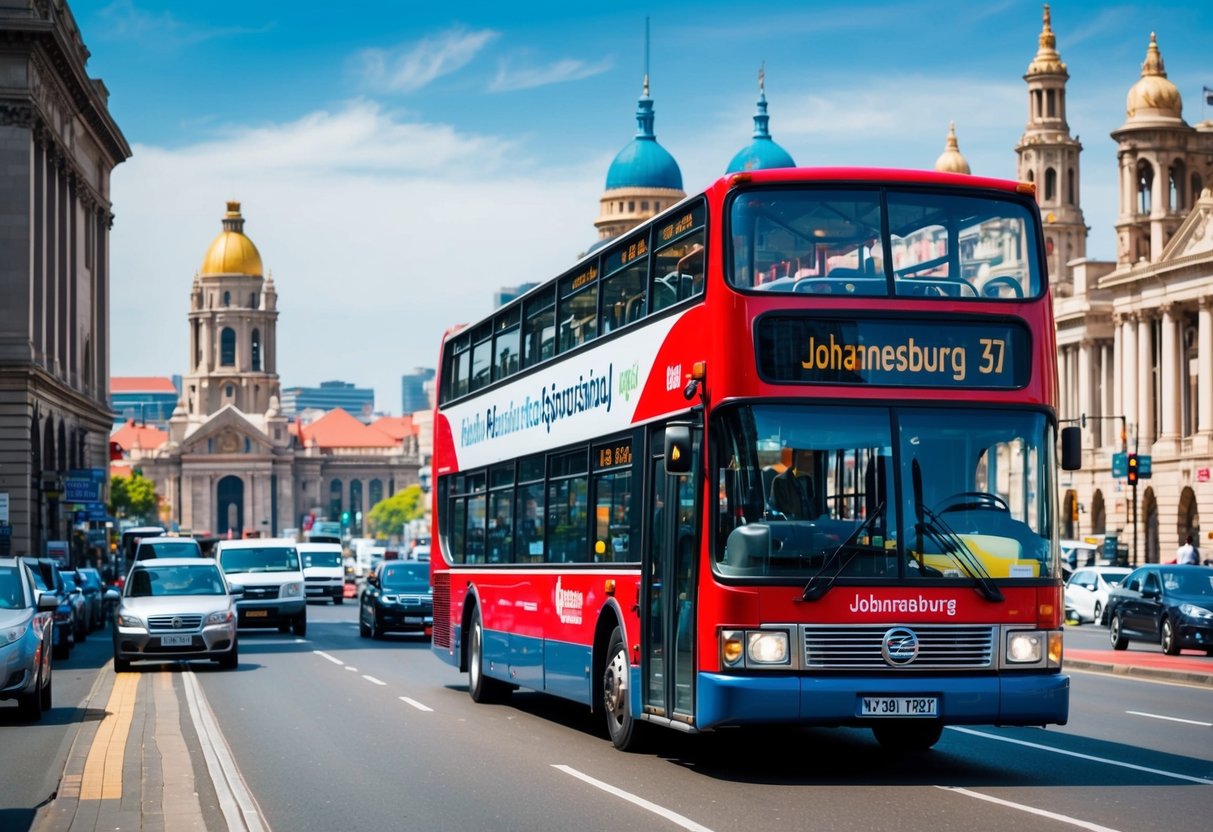 A double-decker City Sightseeing Bus drives through the bustling streets of Johannesburg, passing by iconic landmarks and colorful cityscapes