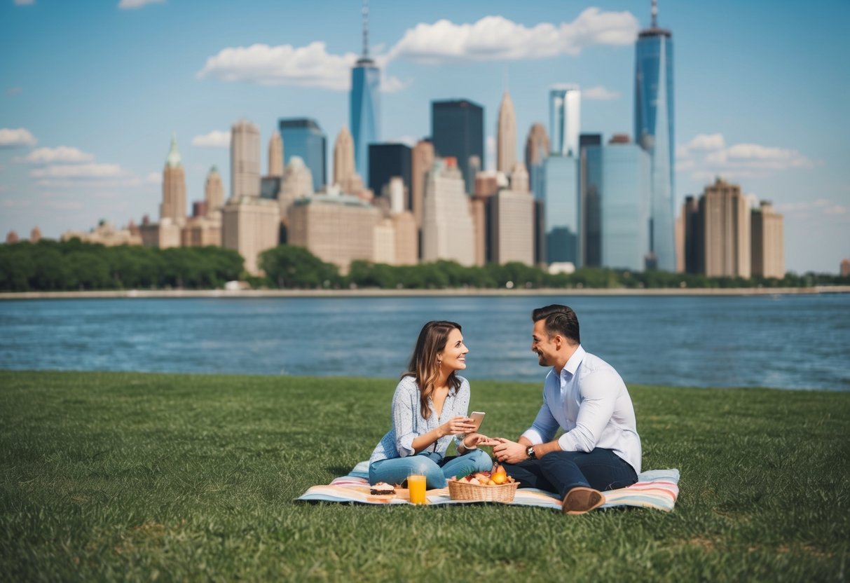 A couple picnicking in a park with the New York City skyline in the background