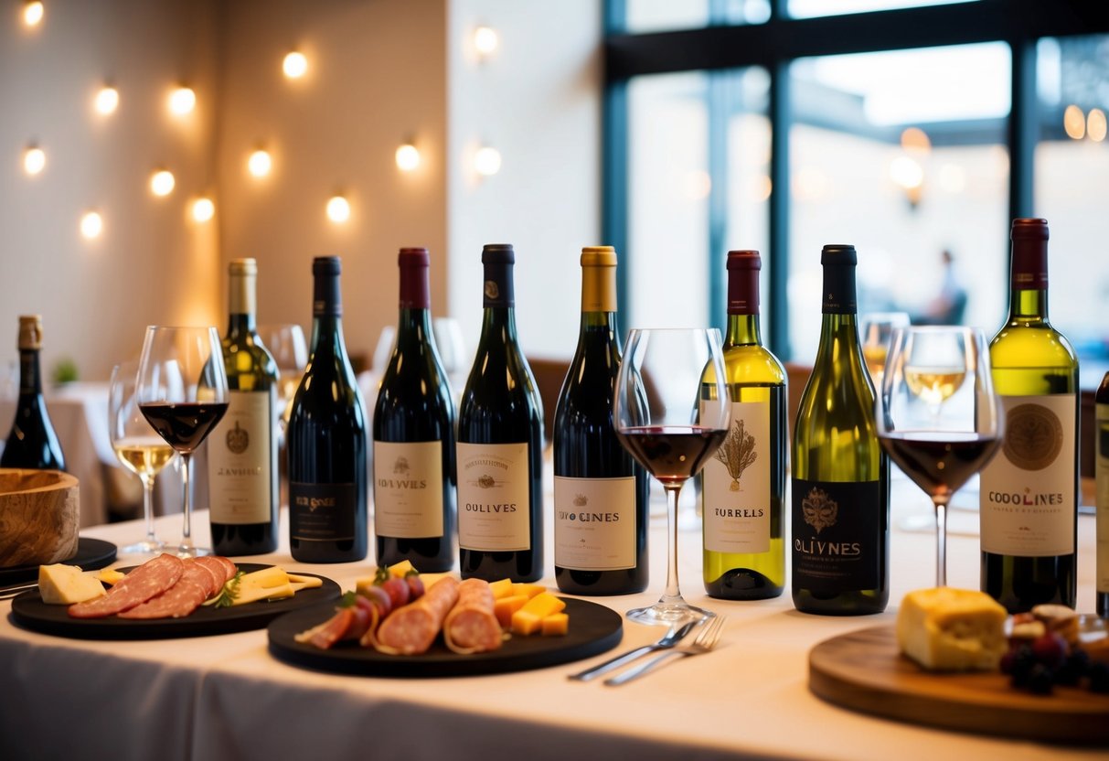 A table set with various wine bottles, glasses, and charcuterie, with a cozy atmosphere and soft lighting for a wine tasting event at CoolVines