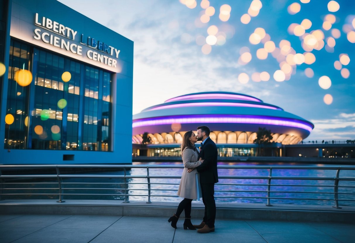 A couple stands in front of the Liberty Science Center, admiring the futuristic architecture and colorful lights illuminating the building