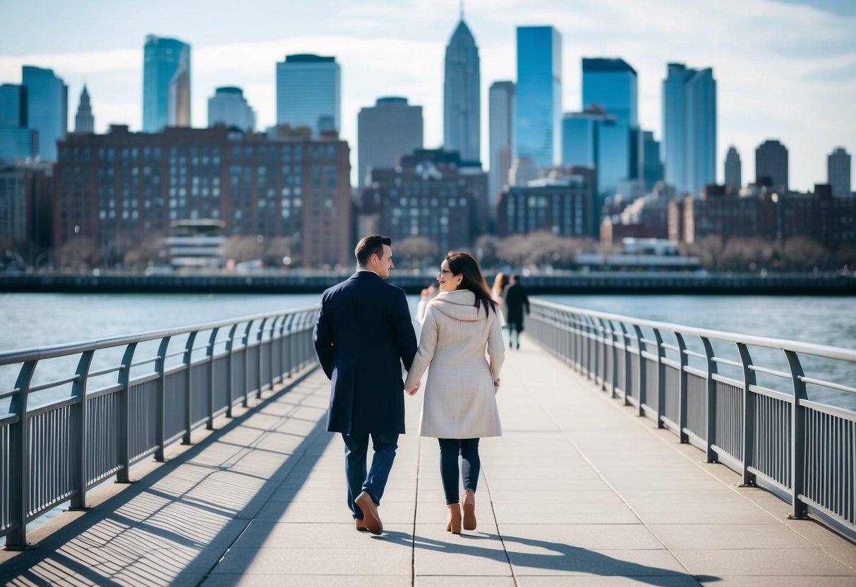 A couple strolling along the Hudson River Waterfront Walkway, with the skyline of Jersey City in the background