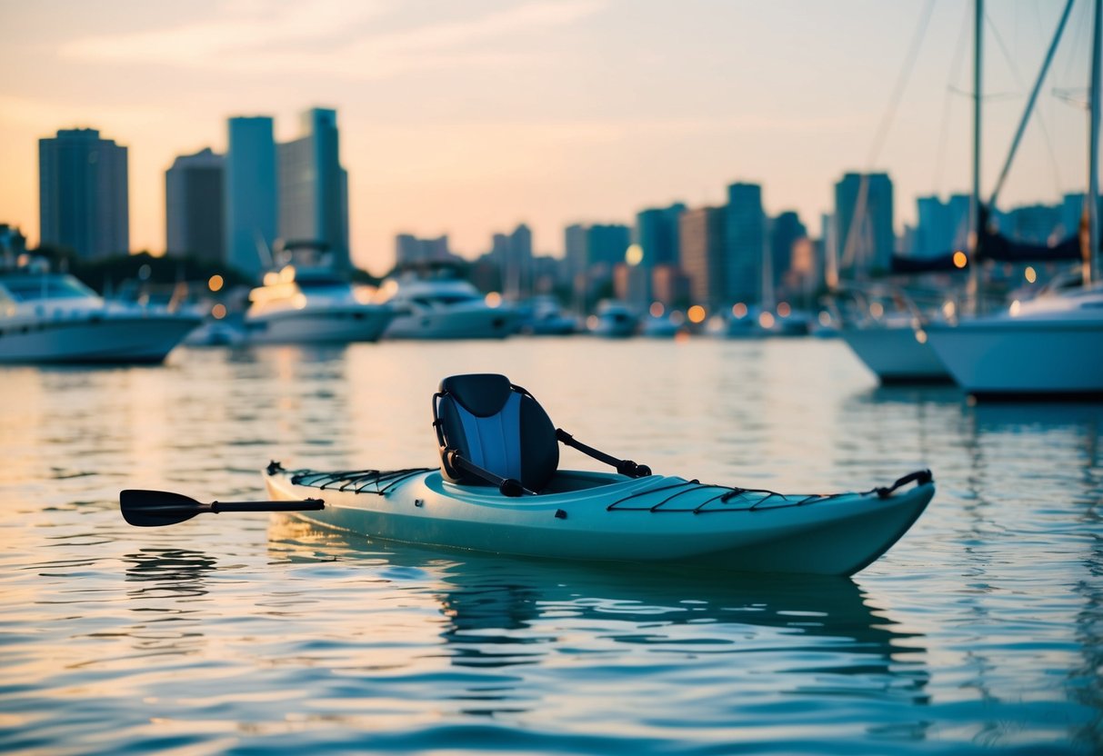 A kayak floats in the calm waters of JC Marina, surrounded by cityscape and distant boats