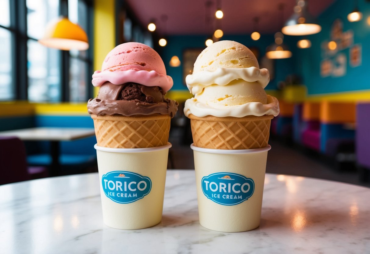 Two ice cream cones on a table at Torico Ice Cream in Jersey City, with colorful decor and a cozy atmosphere