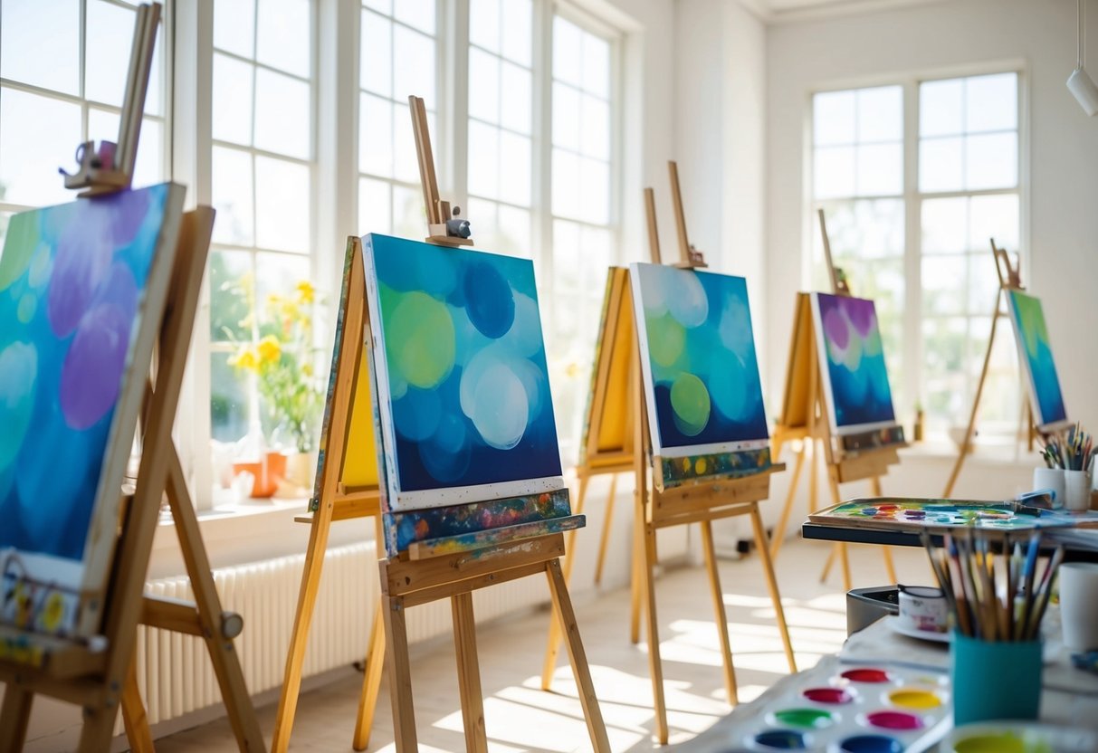 An art studio filled with easels, paint palettes, and canvases. Sunlight streams in through large windows, illuminating the colorful creations