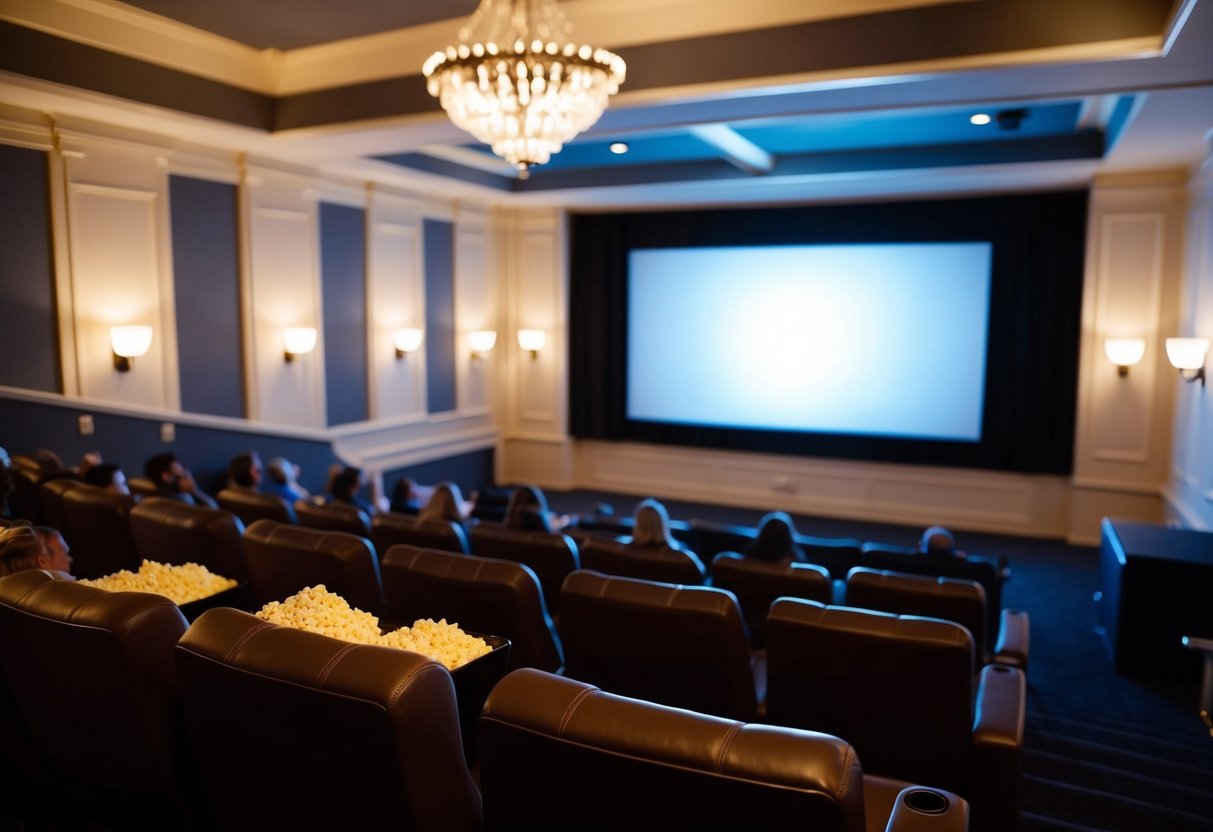 A cozy movie night at White Eagle Hall, with popcorn, dim lighting, and a large screen
