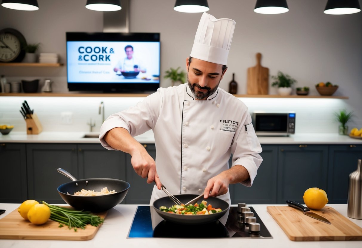 A chef demonstrates cooking techniques in a modern kitchen studio at The Cook & The Cork for a date night cooking class