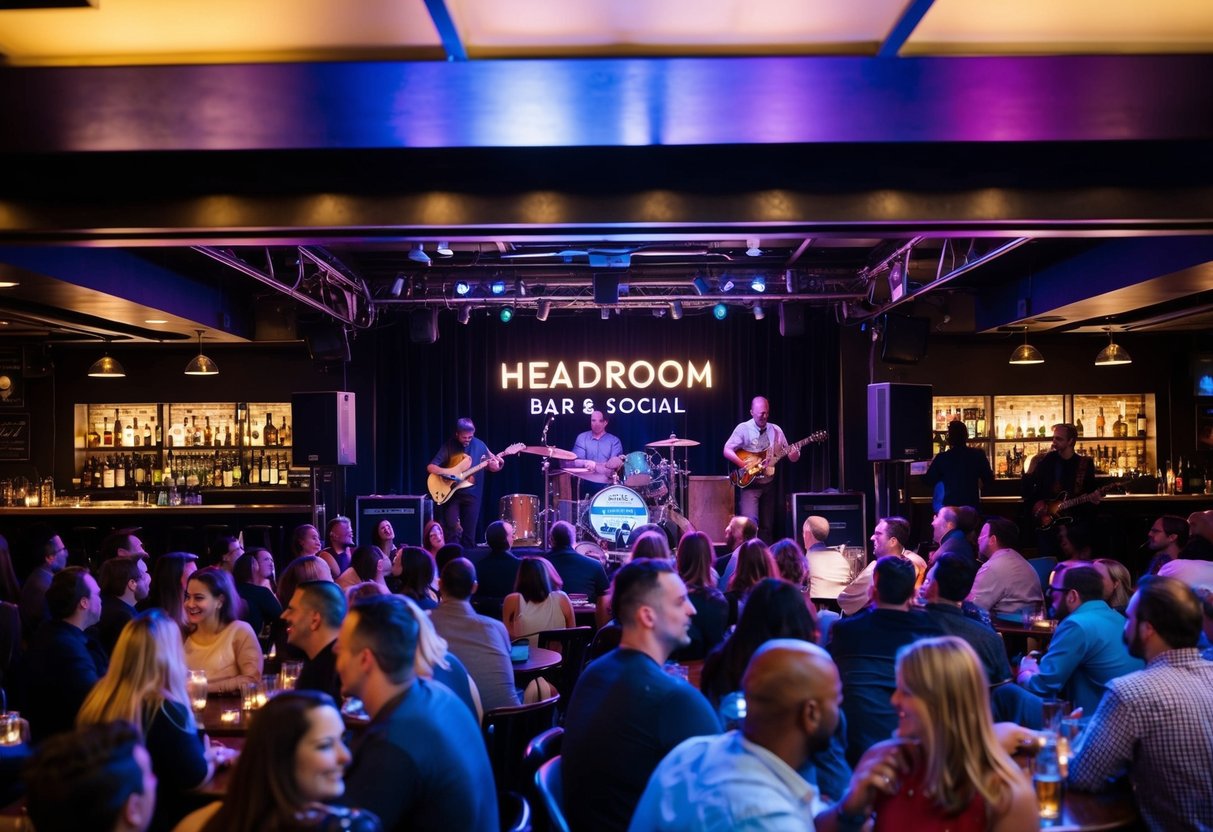 A lively bar scene with a stage, instruments, and a crowd enjoying live music at Headroom Bar & Social in Jersey City