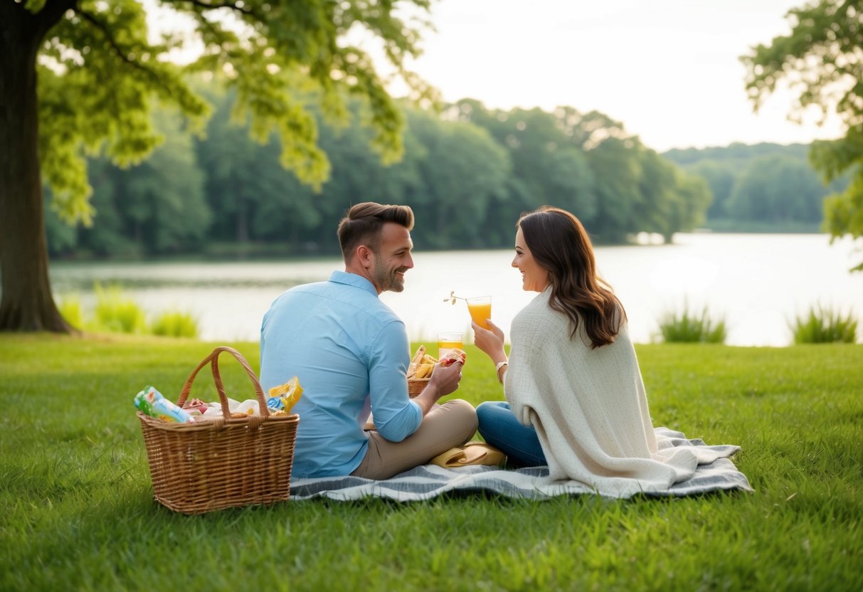 A couple picnicking in a scenic Akron park, surrounded by lush greenery and a serene lake, with a basket of homemade snacks and a cozy blanket