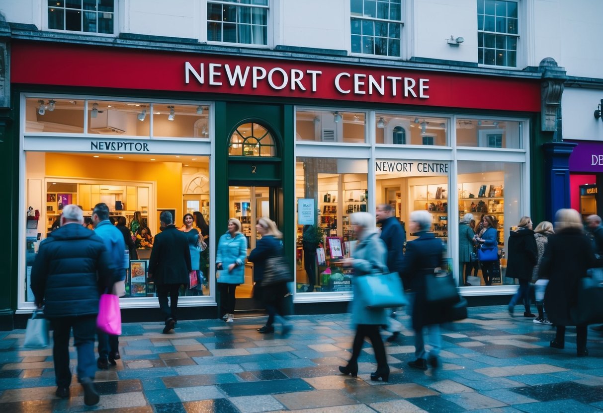 A couple window shops at Newport Centre, surrounded by bustling shoppers and colorful storefronts