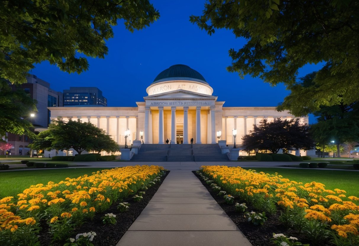 The Akron Art Museum glows under city lights, surrounded by lush greenery and colorful flowers