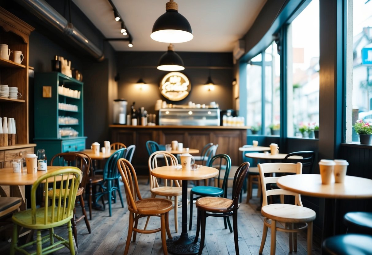 A cozy café with mismatched chairs and tables, filled with the aroma of freshly baked pastries and the sound of clinking coffee cups