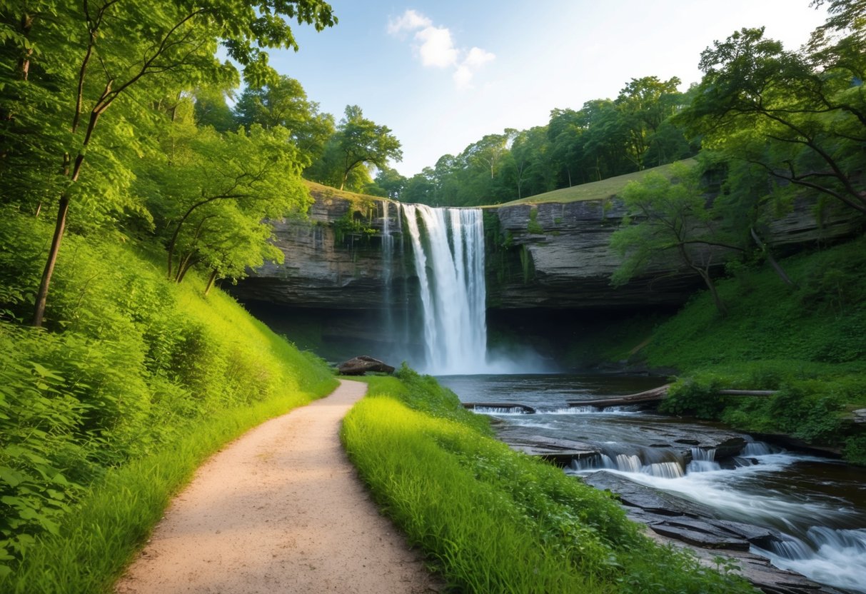 A winding trail through lush greenery, leading to a cascading waterfall in Gorge Metro Park