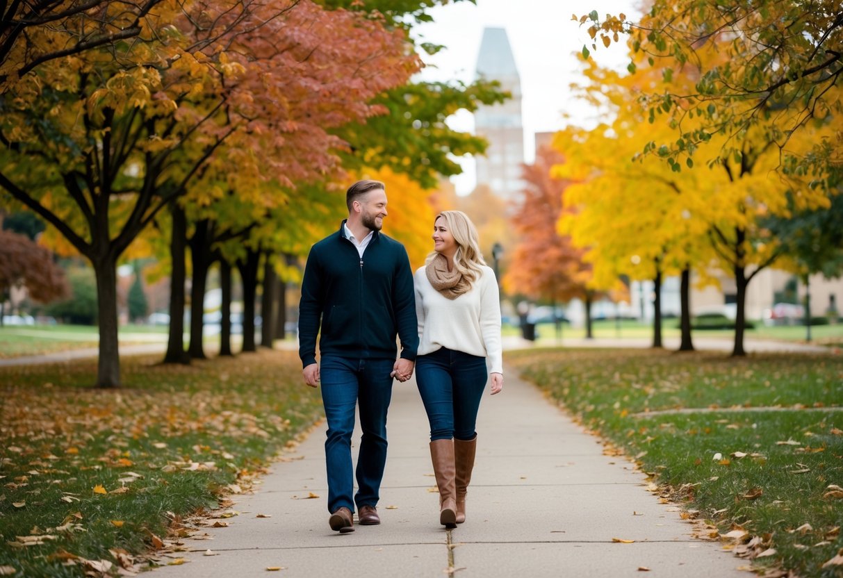 A couple strolling through a park in Akron, Ohio, surrounded by colorful autumn foliage and the sound of rustling leaves