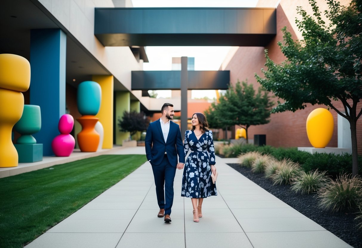 A couple strolling through the modern architecture of Akron Art Museum, surrounded by vibrant sculptures and a serene courtyard