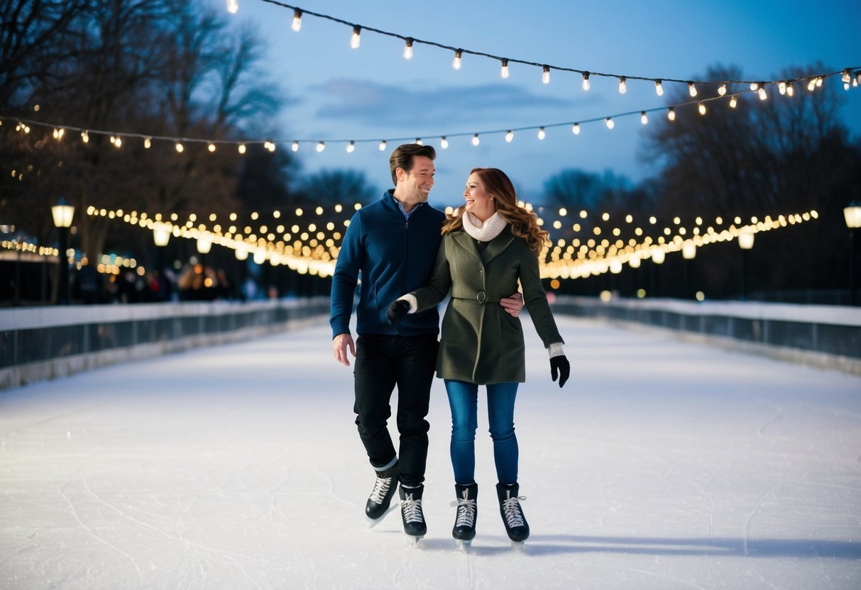 A couple glides across the ice at Lock 3 Park, surrounded by twinkling lights and the sound of laughter