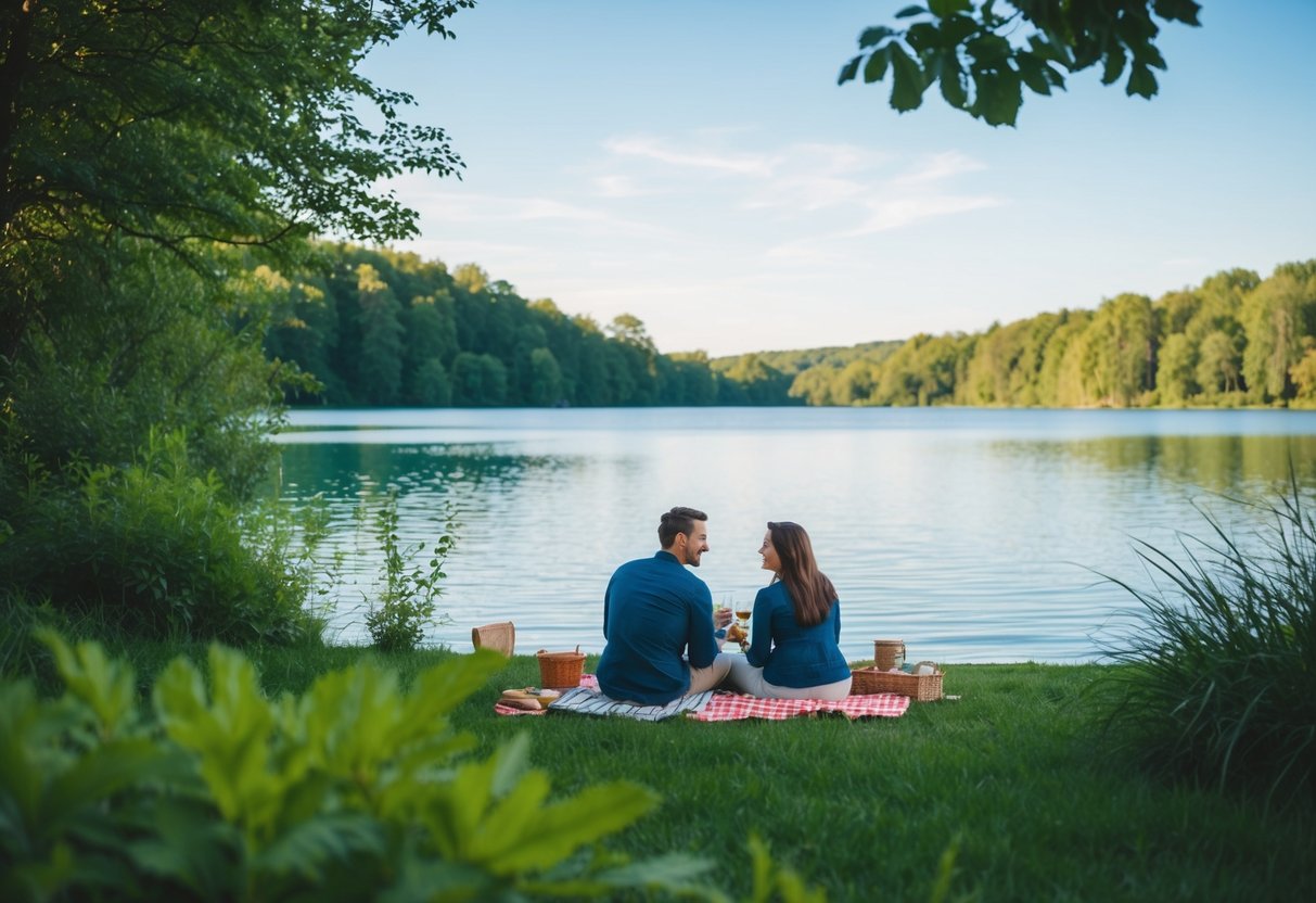 A couple picnicking by the serene Sippo Lake, surrounded by lush greenery and a tranquil lake, with a clear blue sky overhead