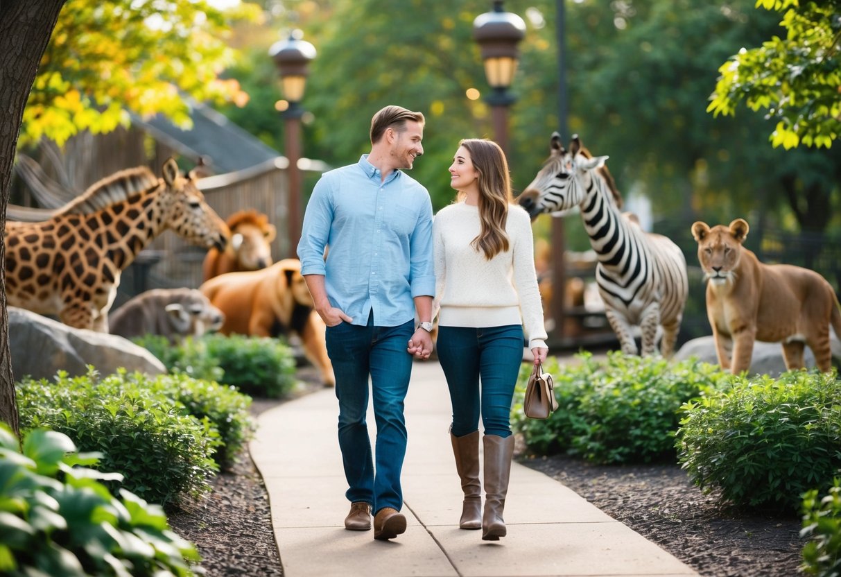 A couple strolls through Akron Zoo, admiring the colorful array of animals and lush greenery