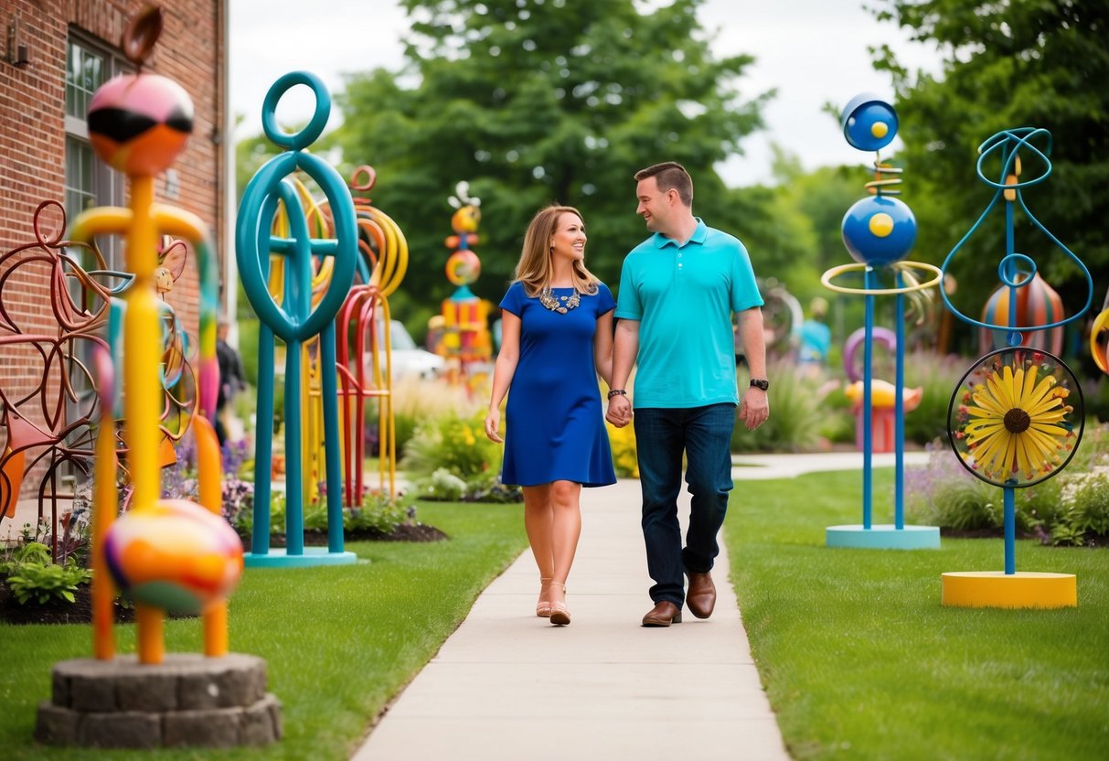 A couple strolls through the colorful outdoor sculpture garden at Don Drumm Studios & Gallery in Akron, Ohio, surrounded by unique and whimsical metal artwork