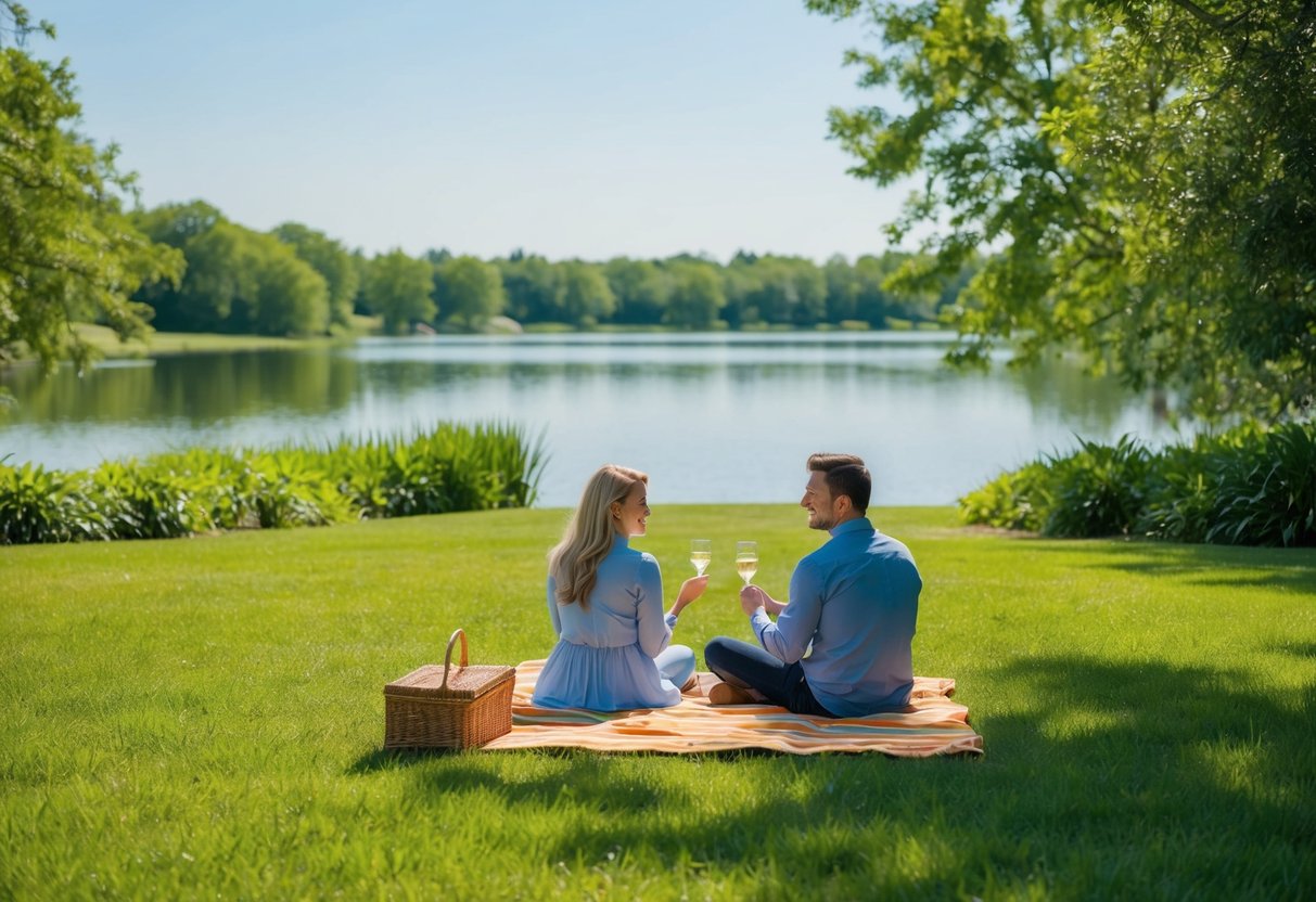 A couple picnicking by a serene lake in Goodyear Heights Metro Park, surrounded by lush greenery and a clear blue sky