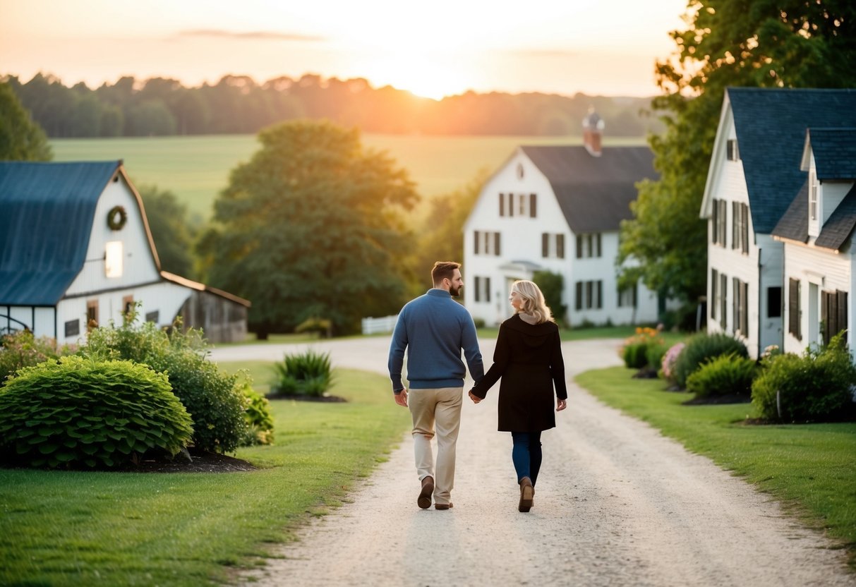 A couple strolls through the historic Hale Farm & Village, surrounded by quaint buildings and lush greenery. The sun sets in the distance, casting a warm glow over the scene