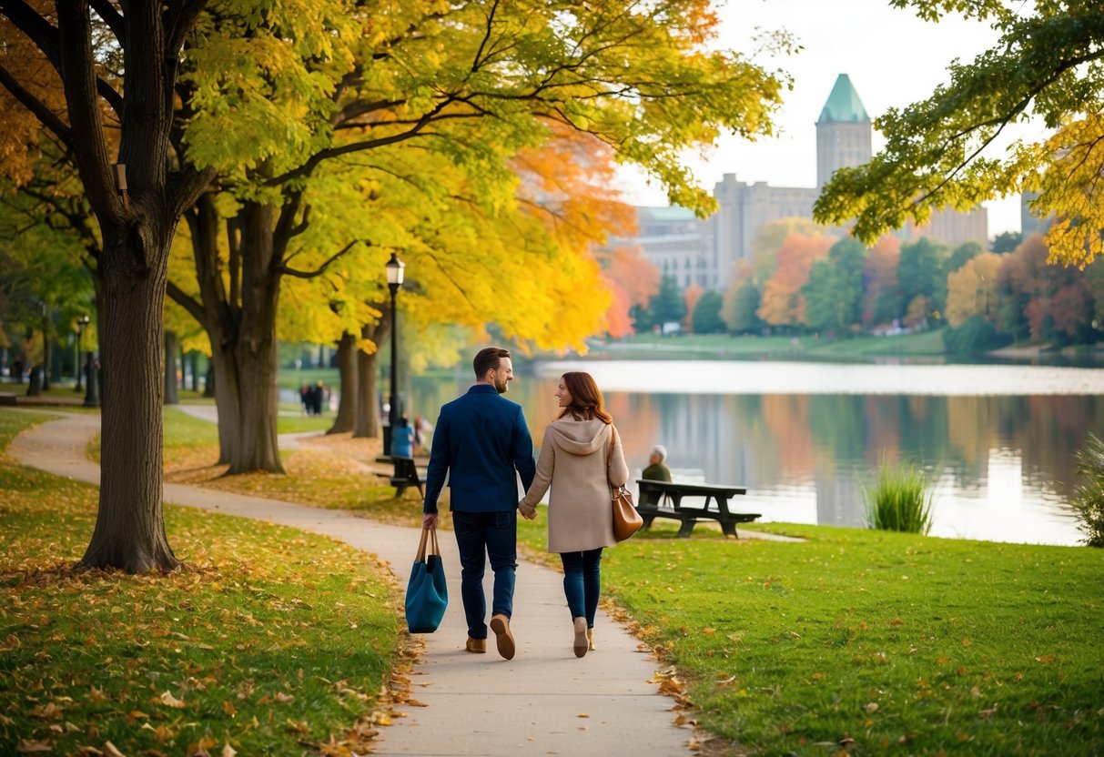A couple strolling through a scenic park in Akron, Ohio, surrounded by colorful foliage and enjoying a picnic by a tranquil lake