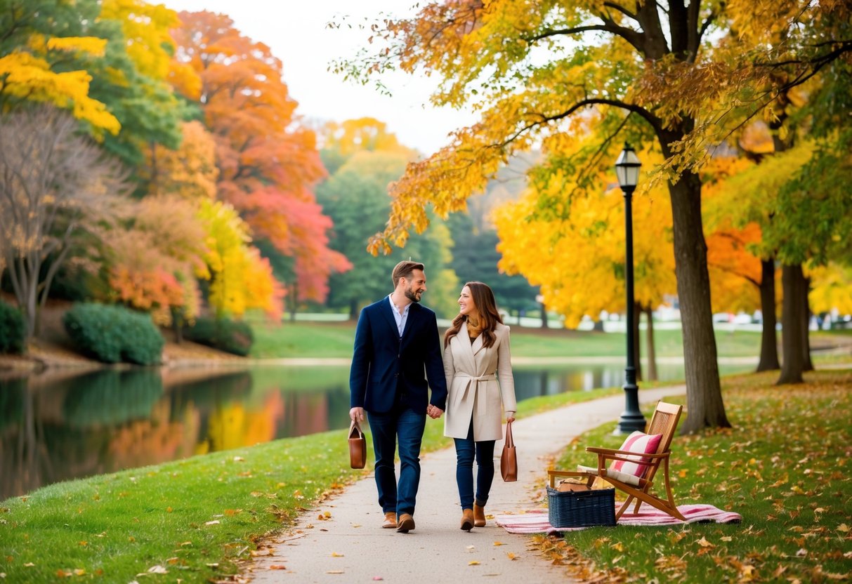 A couple strolls through a charming park in Akron, Ohio, surrounded by colorful autumn foliage and enjoying a picnic by a serene lake