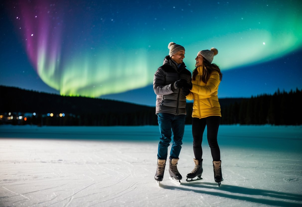 A couple ice skating under the Northern Lights in Anchorage, AK