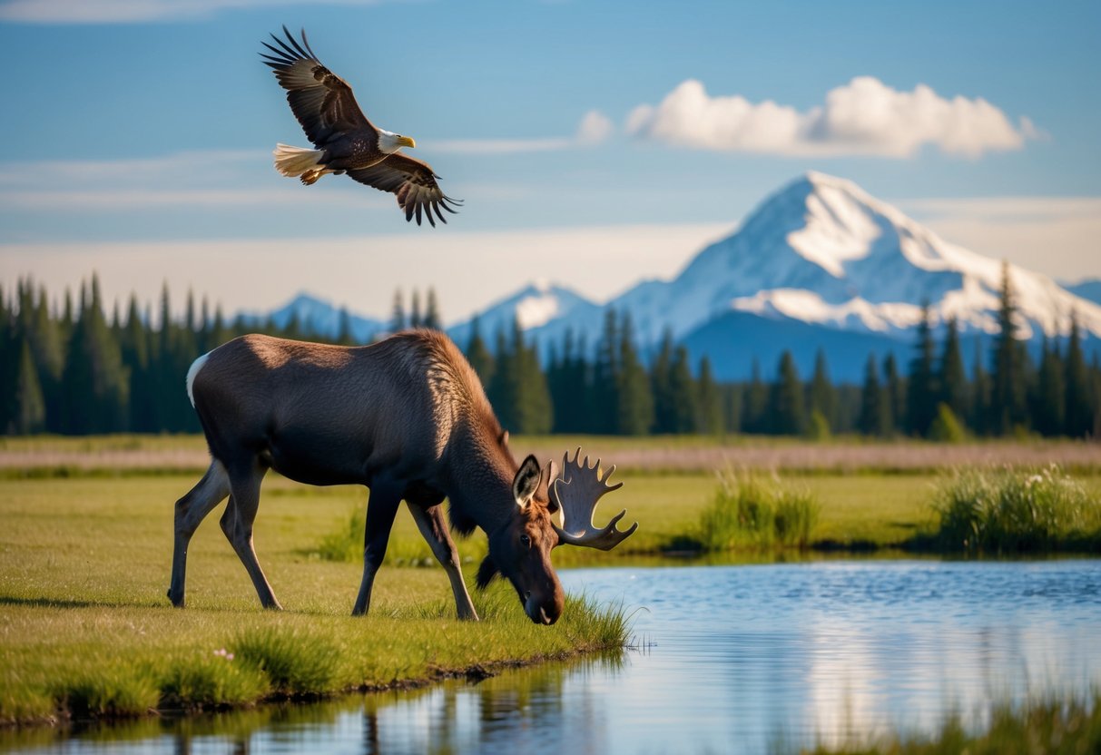 A moose grazes near a tranquil pond, as a bald eagle soars overhead at the Alaska Wildlife Conservation Center