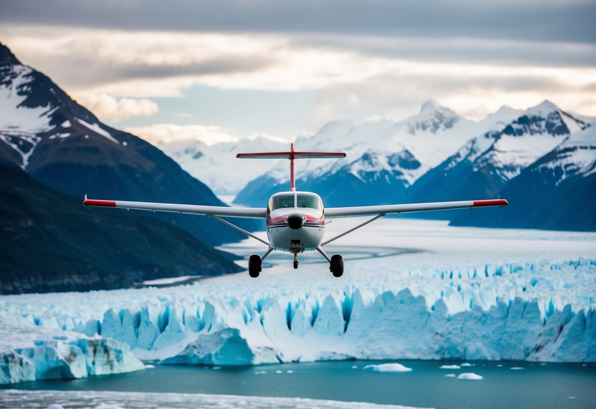 A small plane soars over vast glaciers, framed by snow-capped mountains and icy blue waters below