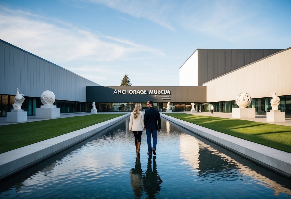 A couple walks through the modern exterior of the Anchorage Museum, surrounded by sculptures and a reflecting pool