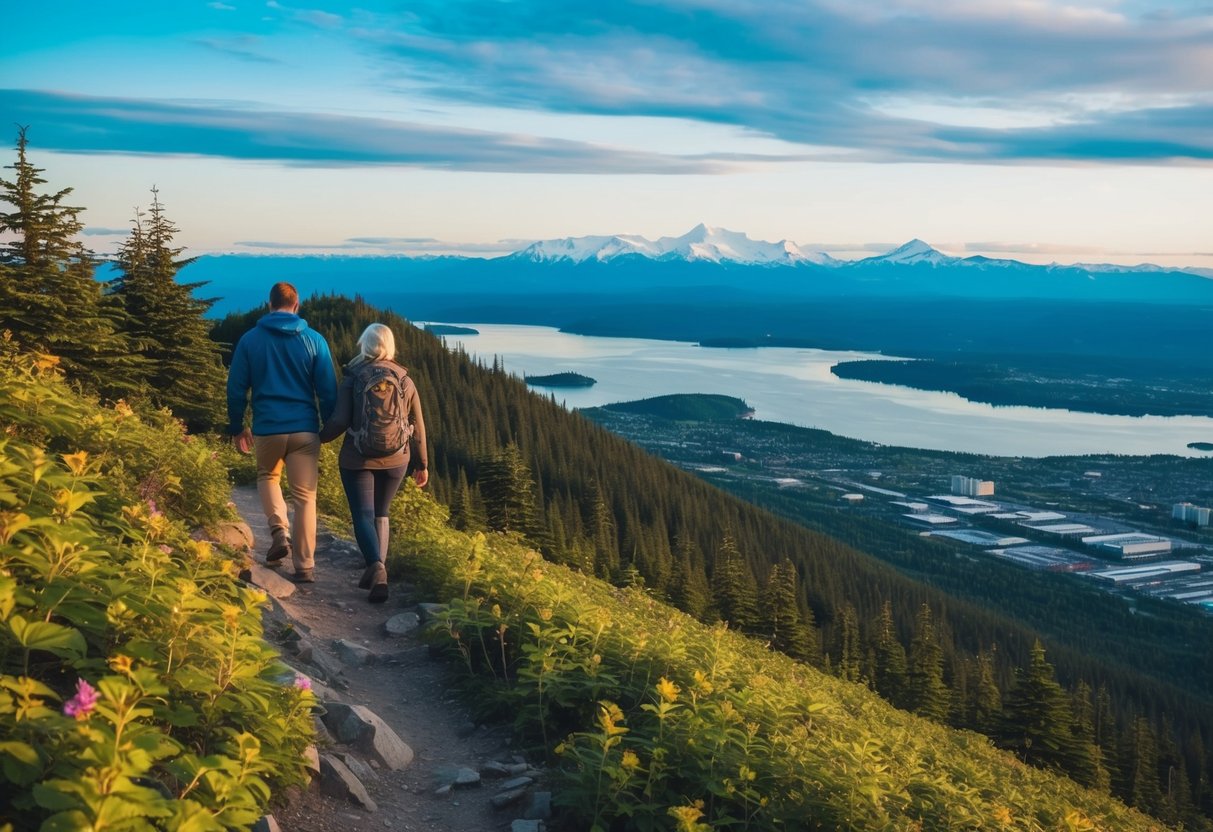 A couple hikes up Flattop Mountain, surrounded by lush greenery and a panoramic view of Anchorage, Alaska