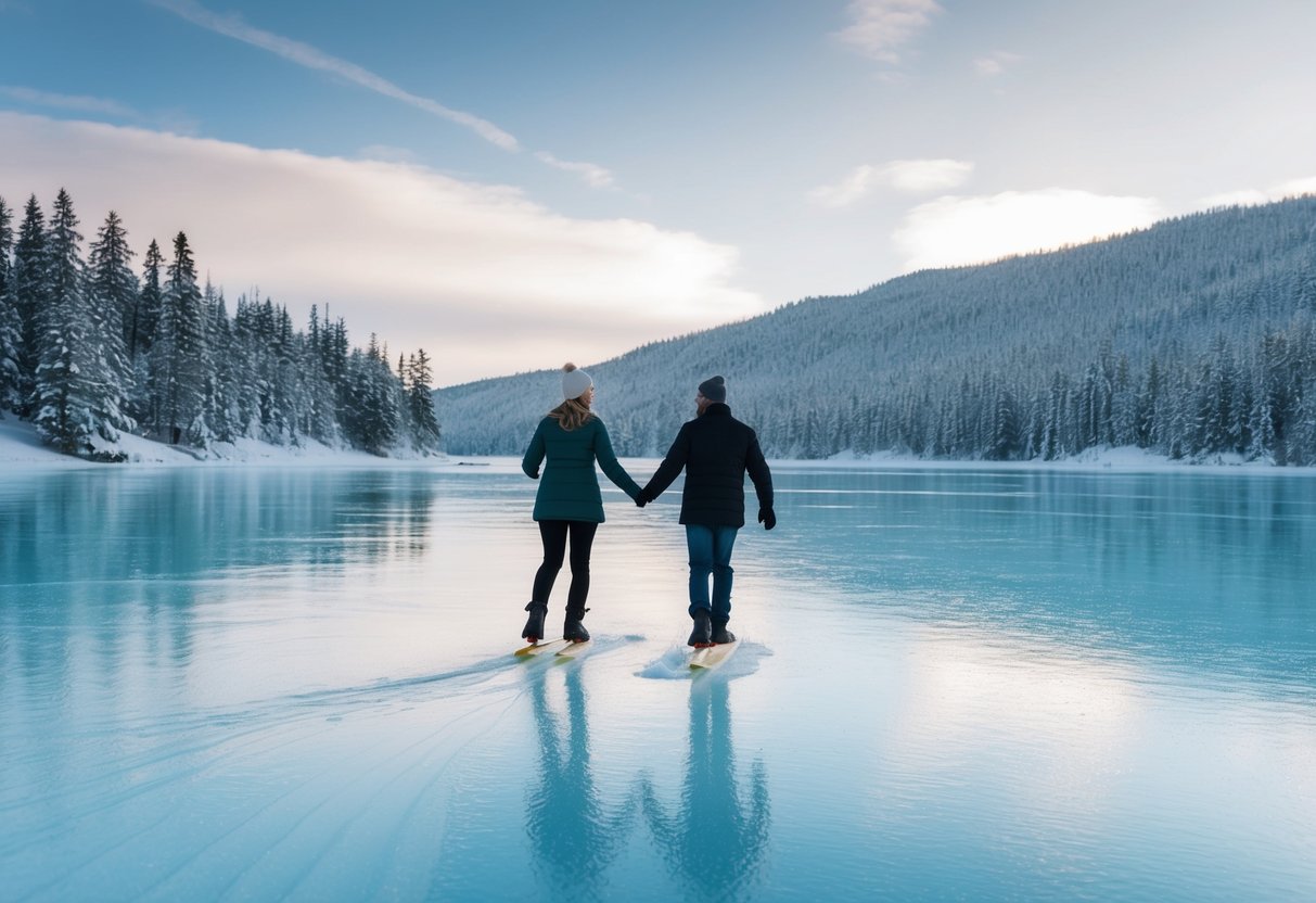 A couple glides across the smooth ice of Westchester Lagoon, surrounded by snow-covered trees and the serene beauty of the Alaskan landscape