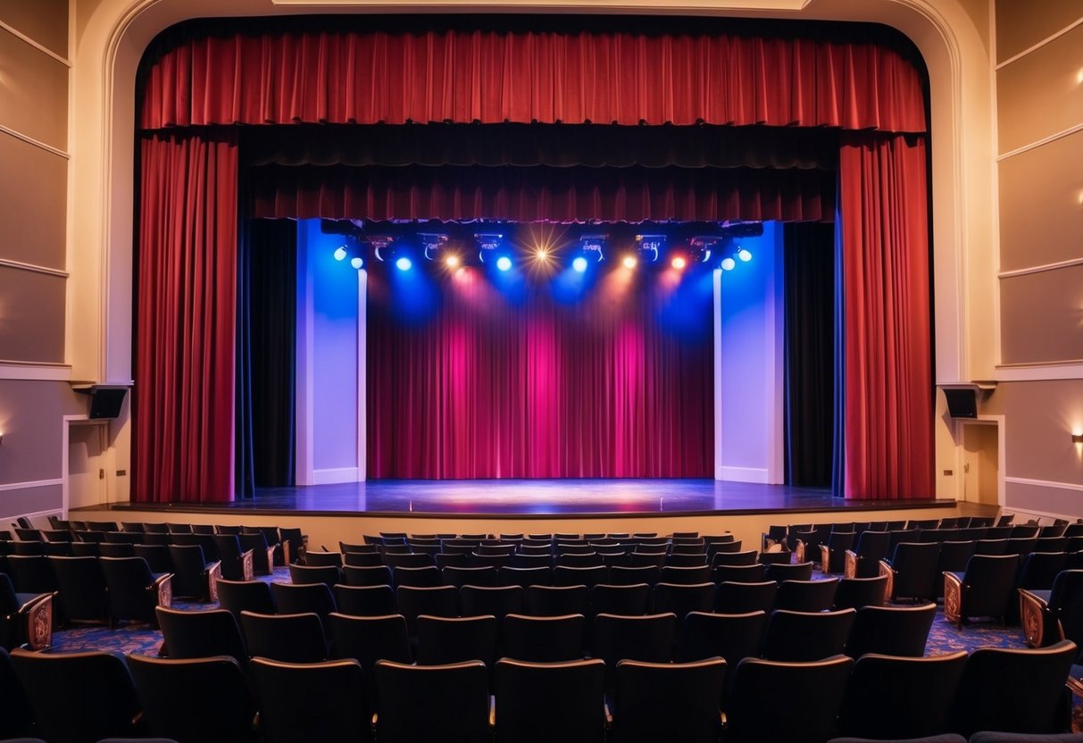 A grand theater stage with colorful lights and a red velvet curtain at the Alaska Center for the Performing Arts