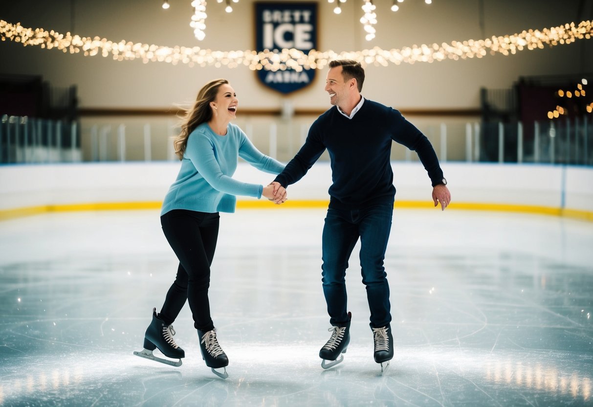 A couple glides gracefully across the glistening ice at the Brett Ice Arena, surrounded by the glow of twinkling lights and the sound of laughter