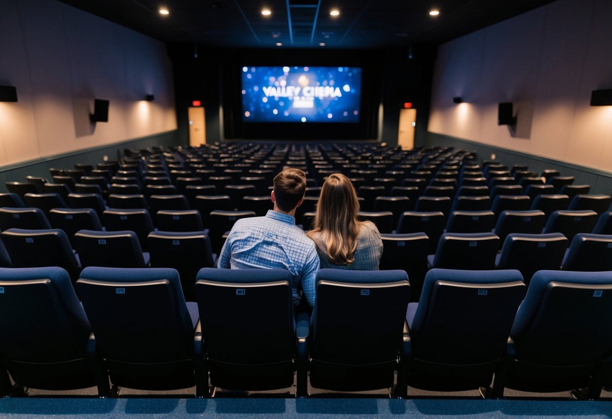 A couple sits in a dark theater, surrounded by rows of empty seats, watching a movie on the big screen at Valley Cinema in Wasilla, AK