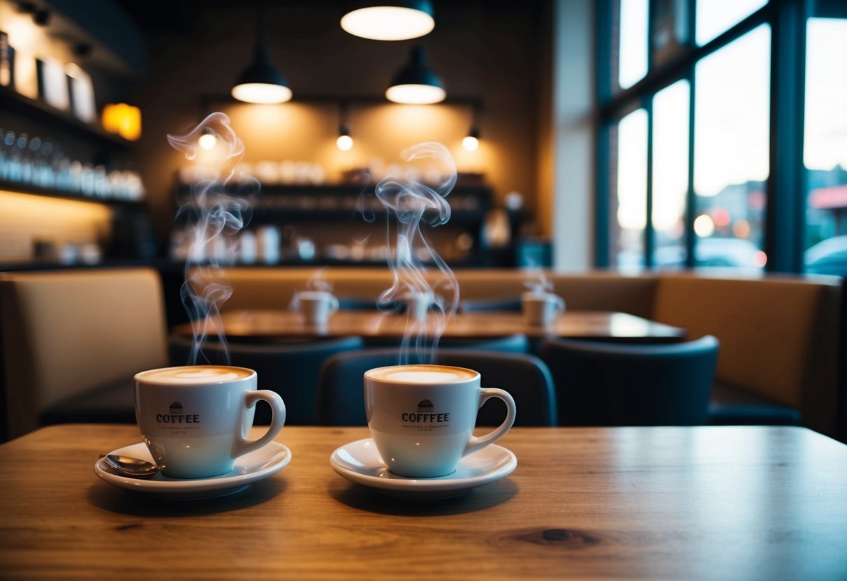 A cozy coffee shop with warm lighting, comfortable seating, and steaming mugs on a wooden table