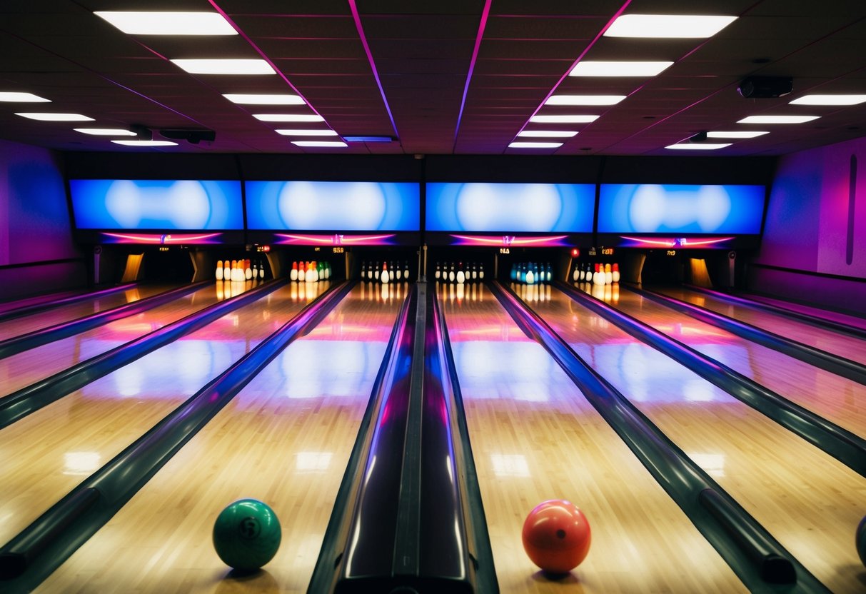 Bowling alley with neon lights, colorful balls, and polished lanes