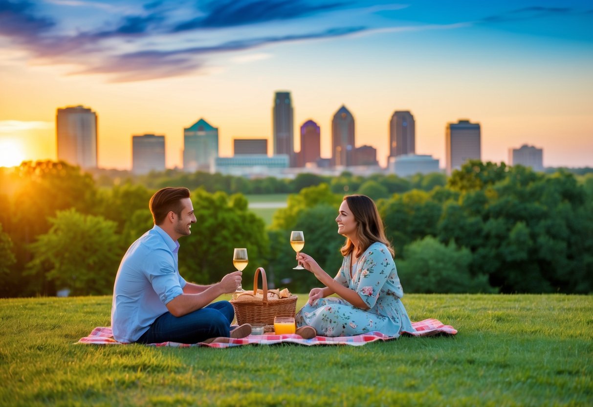 A couple picnicking in a lush park with a view of the Oklahoma City skyline at sunset