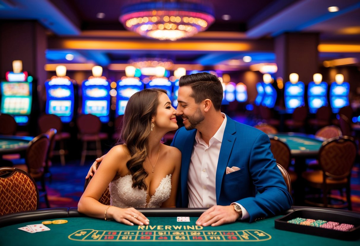 A couple enjoys a romantic evening at Riverwind Casino, surrounded by slot machines, card tables, and colorful lights