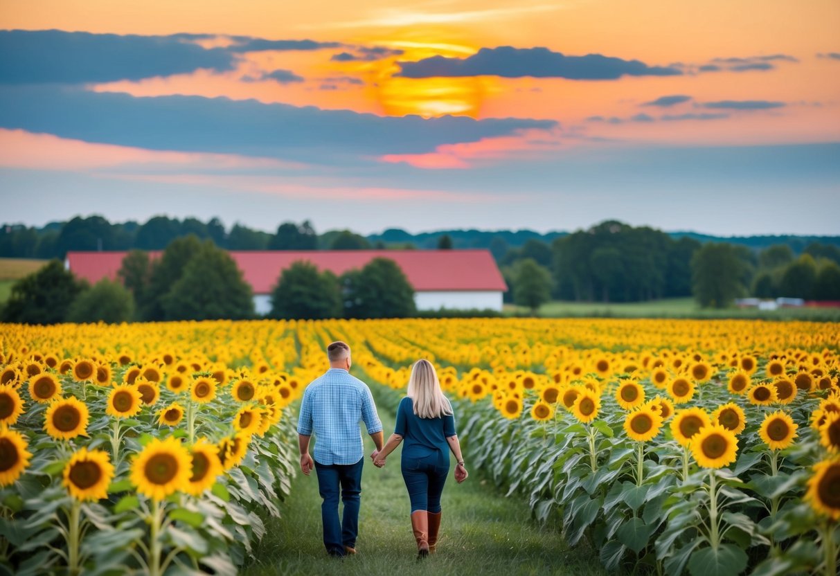 A couple walks through a sunflower field at Orr Family Farm, with a colorful sunset in the background