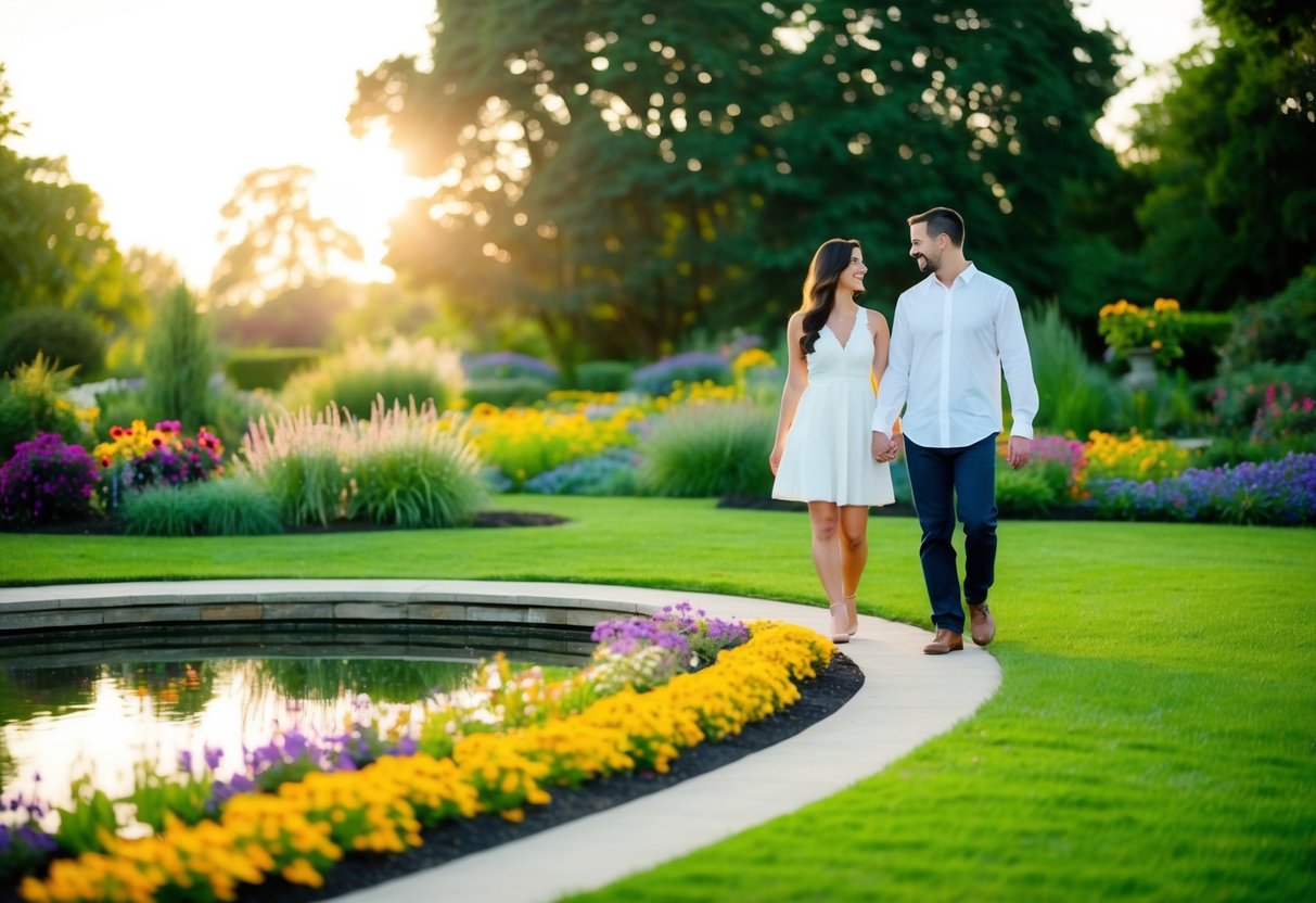 A couple strolls through lush gardens, pausing at a tranquil pond and colorful flower beds. The setting sun casts a warm glow over the peaceful scene