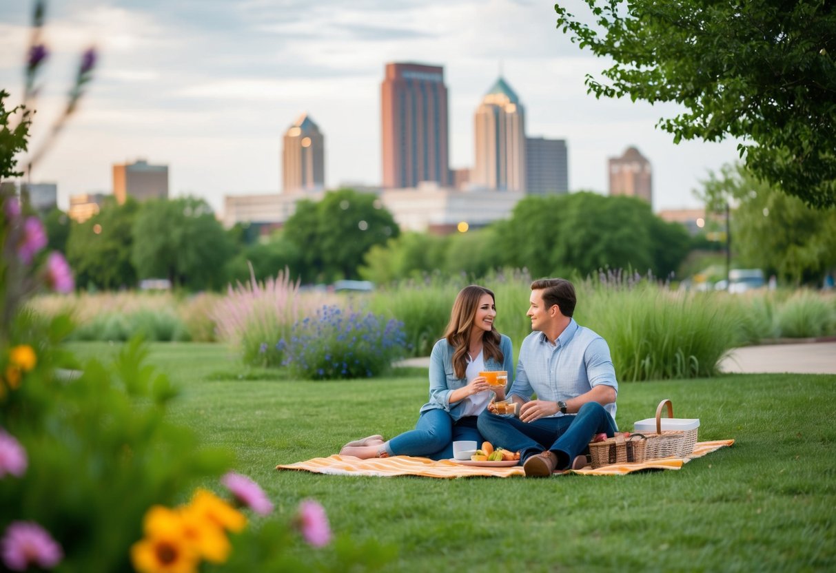 A couple picnicking in Scissortail Park, surrounded by lush greenery and blooming flowers, with a view of the downtown Oklahoma City skyline in the background