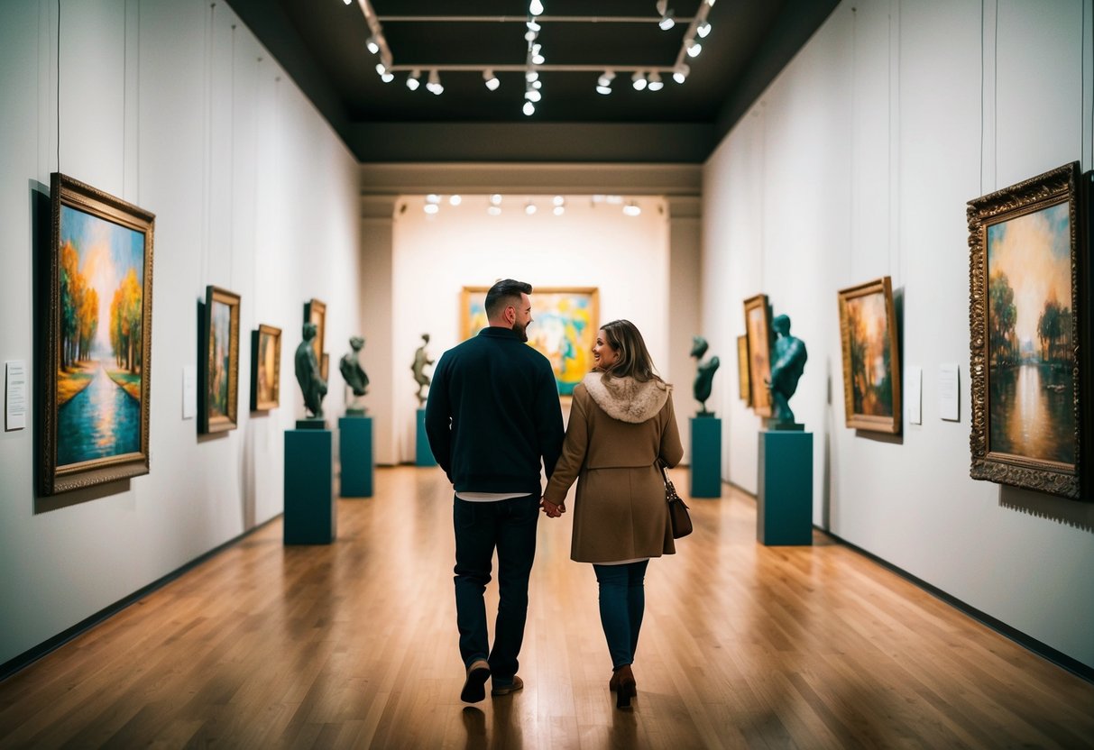 A couple walks through the Oklahoma City Museum of Art, admiring the vibrant paintings and sculptures. The soft glow of the gallery lights illuminates the serene atmosphere