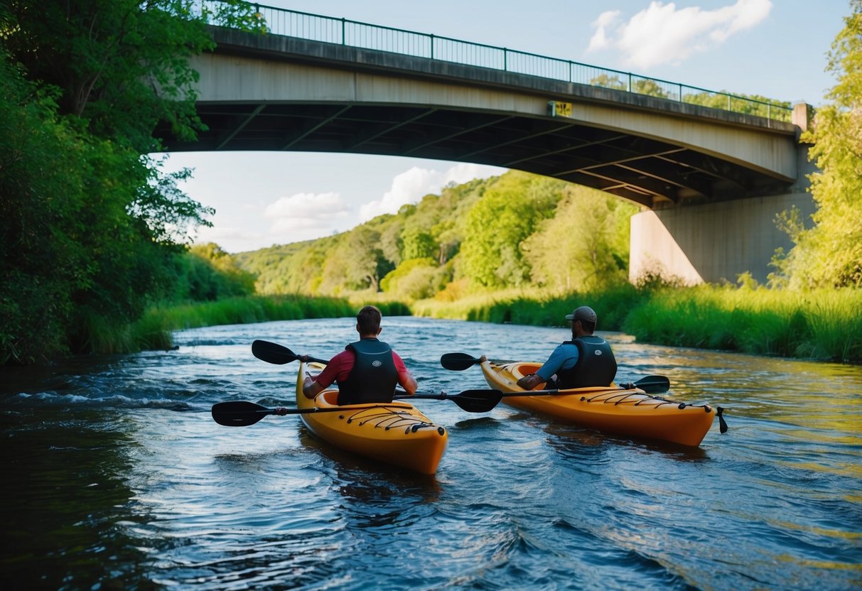 A couple kayaks down a winding river, passing under a bridge and surrounded by lush greenery and vibrant wildlife