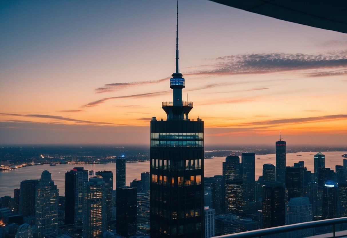 The sun sets over the city skyline, casting a warm glow on the 90th floor observation deck at Devon Tower. The twinkling lights of the city below create a romantic atmosphere for date night