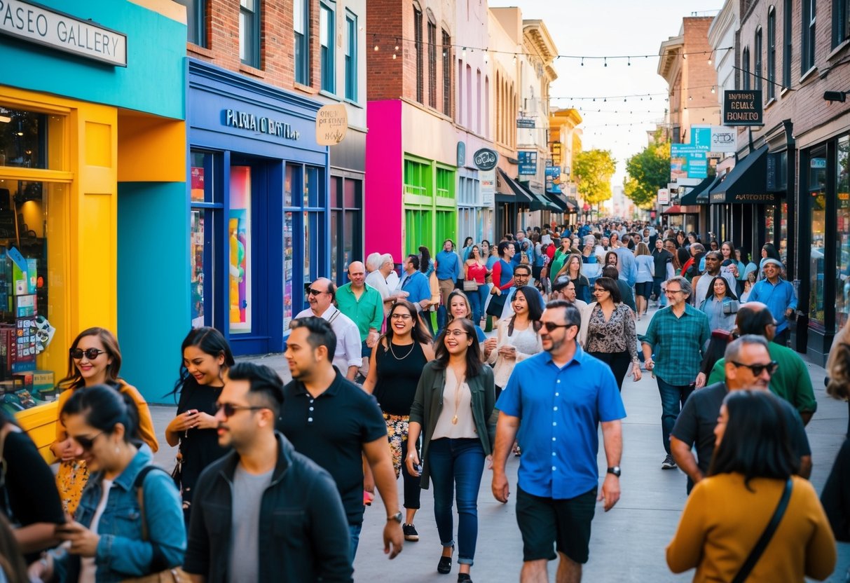 Crowds stroll past colorful storefronts on a bustling street lined with art galleries and cafes. The air is filled with music and laughter as people explore the vibrant Paseo Arts District during the First Friday Gallery Walk