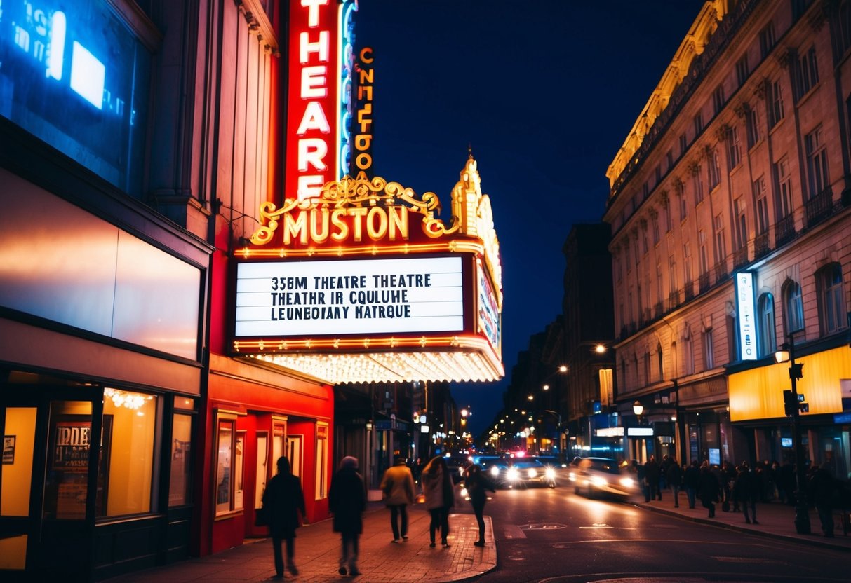 A vibrant theater marquee lights up the night, casting a warm glow over the bustling street below