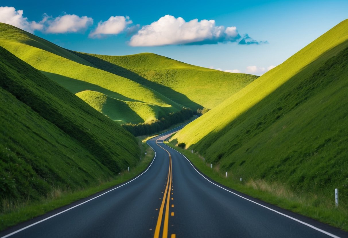 A winding road through lush green hills, with a clear blue sky and a few fluffy clouds