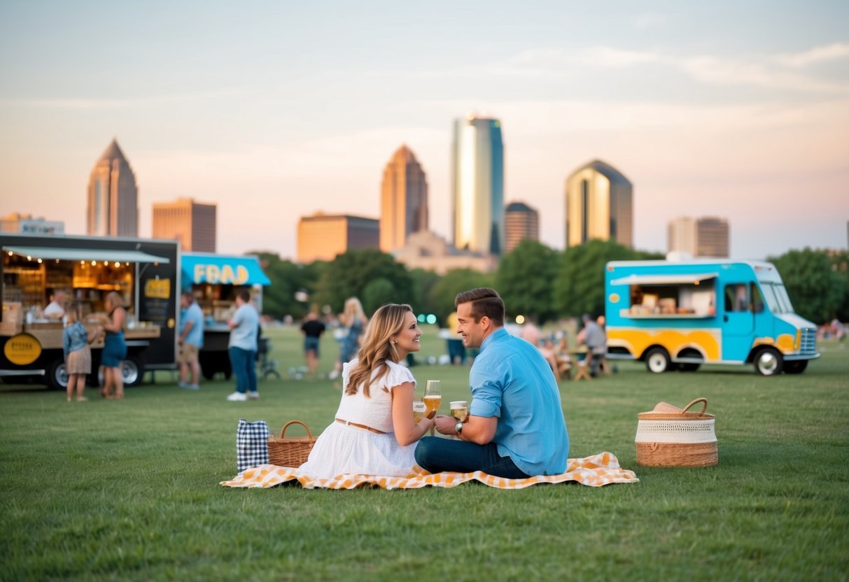 A couple picnicking in a park, surrounded by food trucks and live music, with the Oklahoma City skyline in the background