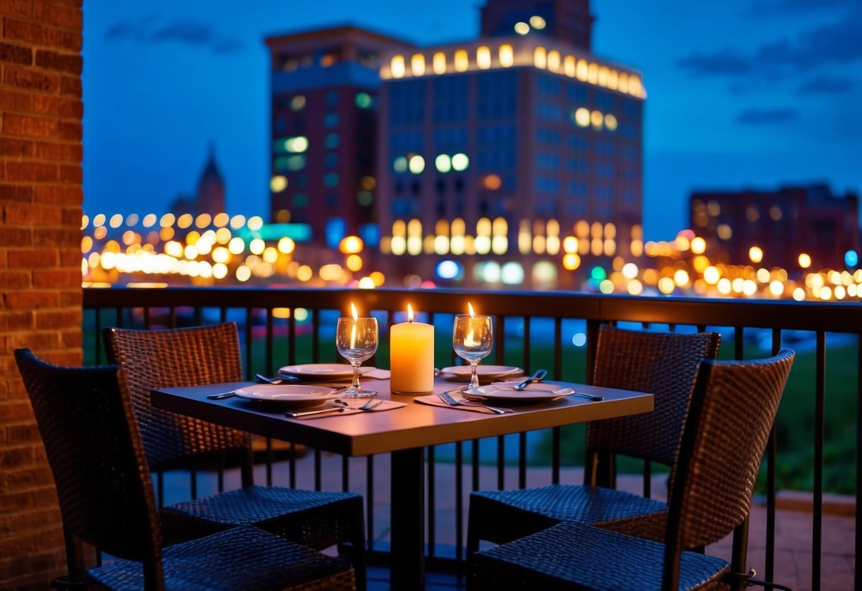 A cozy outdoor table at a candlelit restaurant, overlooking the twinkling lights of downtown Akron, Ohio